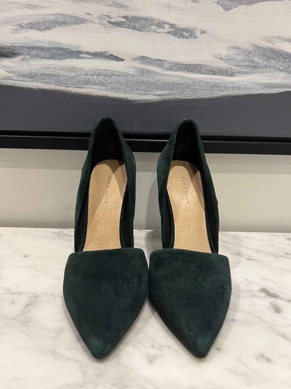 Pointed Suede Heels in Dark Green by Pure Navy